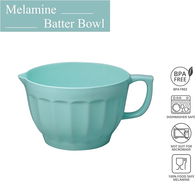 UP UPware Latte Style Melamine Batter Bowl with Pour Spout, Handle and Non-Slip Base, Grip Handle for Easy Mix and Pour, Home Essentials Cooking and Baking Tools, 4.3 quart, 11.5 x 8.75 Inch, Blue