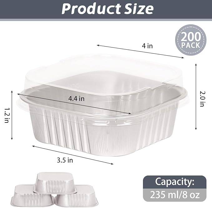 200 Pack 8 oz Silver Mini Aluminum Cake Pans with Lids and Spoons, Disposable Square Baking Cups, Oven Safe Foil Ramekins for Individual Desserts, Cupcakes, Cheesecakes Ramekins Muffin