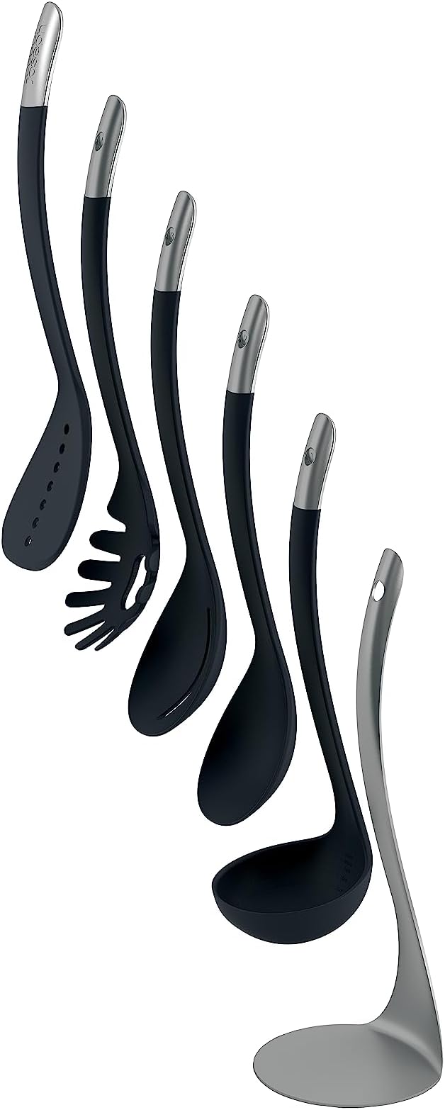 Joseph Joseph Nest 5 Compact Stacking Utensils kitchen tool set with magnetic storage stand, organization, dishwasher safe - Black/Stainless Steel