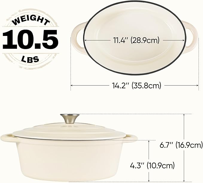 Oval Dutch Oven for Bread Baking, 4.5 Quart Non Stick Enameled Cast Iron Dutch Oven Pot with Lid, Oven Safe Oval Casserole with Lid up to 500°F for Baking, Braising, Stews, Roasting (Beige)