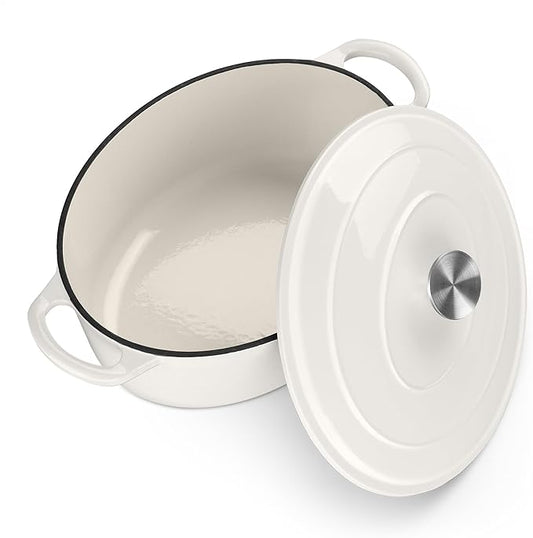 TeamFar Oval Dutch Oven, 5qt Enameled Cast Iron Dutch Oven Pot with Lid, For Bread Baking/Stewing/Braising/Frying, Suitable for Various Stoves, Non-stick & Easy Clean, White