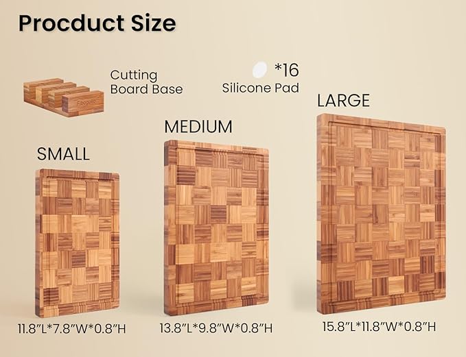 Bamboo Cutting Boards for Kitchen(Set of 3),Chopping Boards with Juice Groove,End Grain Serving Board with Holder,Bamboo Butcher Block for Meat,Vegetables,Fruit