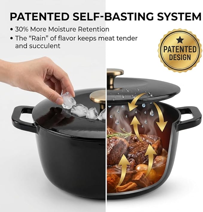 7QT Enamel Cast Iron Dutch Oven with Lid,Dual Handles,Versatile Heavy-Duty Non-toxic Cookware for Sourdough Bread Baking,Braising,Stews,Roasting,Oven Safe up to 500°F black