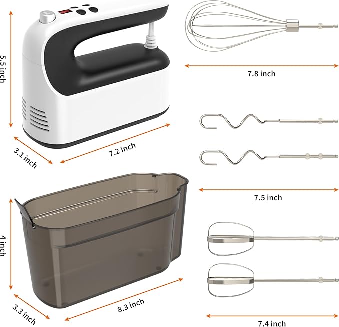 9-Speed Digital Hand Mixer Electric, 400W Powerful DC Motor, Hand Mixer Electric Handheld with Snap-On Storage Case, 5 Stainless Steel Accessories, Beaters, Dough Hooks, Whisk(White/Black)