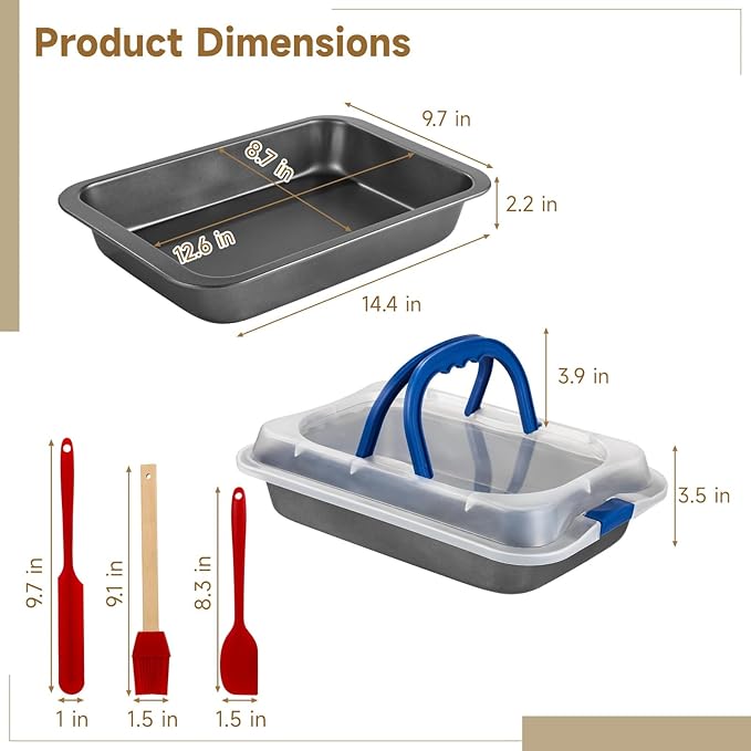 2 PCS Cake Baking Pan 9x13 with Lid & Handle, Nonstick Carbon Steel Baking Tray with Silicone Brush Scraper Spatula, Rectangular Sheet Pan for Cookies Brownie, Roasting Cooking