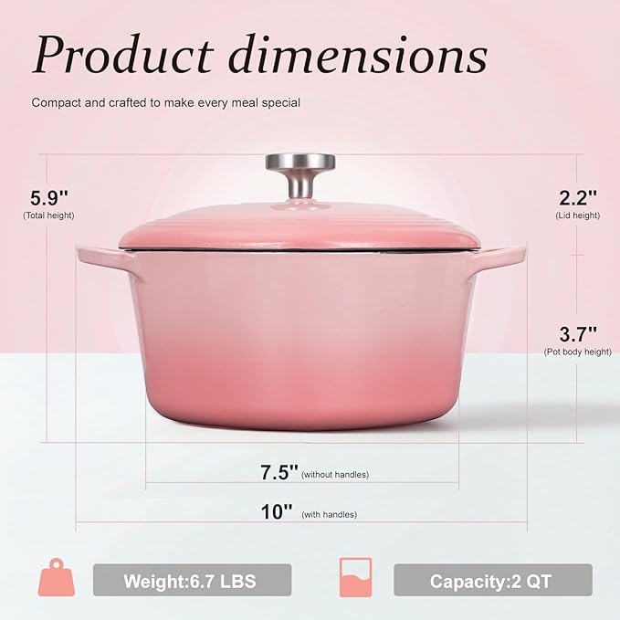Overmont Enameled Cast Iron Dutch Oven - Heart-Shaped Pot with Lid Cookbook & Cotton Pot Holders - Mini Cookware Oven Safe to 500°F for Bread Baking Soups Stews - Great Gift for Birthday Wedding Housewarming 2QT Pink