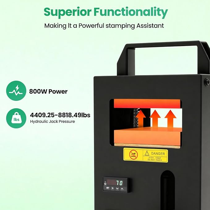 4Ton Hydraulic Heat Press Machine, 800W Portable Press Machine, 400℉Temp Dual Adjustable Heating Plates 110V 7A High Pressure Heat Press w/10 Baking Papers, 1Stainless Steel Tool for Plastic