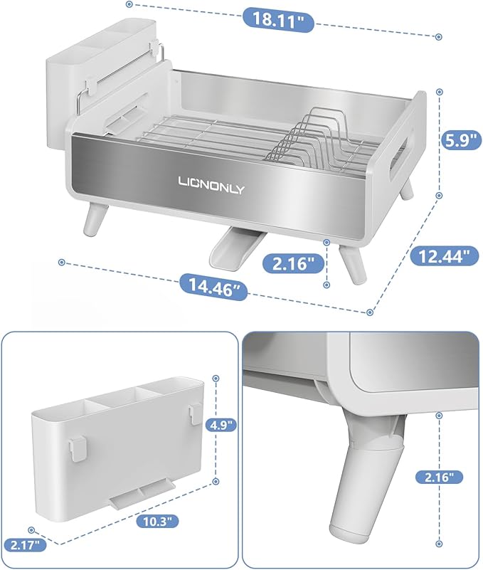Dish Drying Rack, Thicker Premium Aluminum Frame and 304 Stainless Steel Plate Rack for Kitchen Counter, Automatic Drainage Spout, Dish Drainer & Drainboard Set with Utensil Holder, White