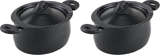Bialetti 5.5-Quart Nonstick Aluminum Pasta Pot with Strainer Lid and Handles,PFOA-Free Nonstick Oval Cooking Pot and Lid,Black,(Pack of 2)