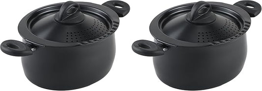 Bialetti 5.5-Quart Nonstick Aluminum Pasta Pot with Strainer Lid and Handles,PFOA-Free Nonstick Oval Cooking Pot and Lid,Black,(Pack of 2)