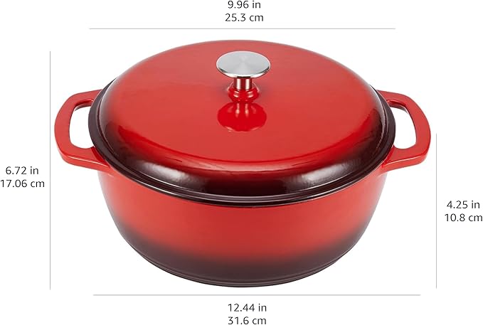 Amazon Basics Enameled Cast Iron Dutch Oven Pot with Lid, Round, Dual Handles, Heavy-Duty, Oven Safe for Stews, Roasting, Baking, 4.3-Quart, Red