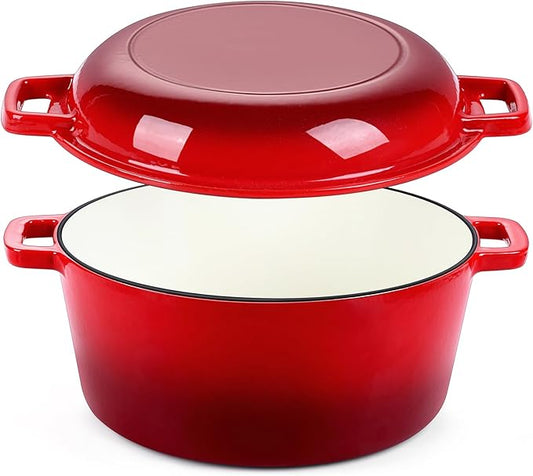 P&P CHEF 5Qt Dutch Oven Pot for Bread Baking (Red), 2 In 1 Round Cast Iron Dutch Oven with Lid Set, Skillet & Pot for Roasting Braising Stewing Frying Simmering, Multi Stoves & Oven Safe