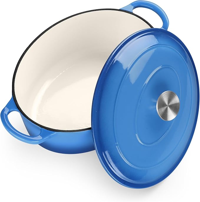 TeamFar Oval Dutch Oven, 5qt Enameled Cast Iron Dutch Oven Pot with Lid, For Bread Baking/Stewing/Braising/Frying, Suitable for Various Stoves, Dual Handles & Easy Cleanup, Blue