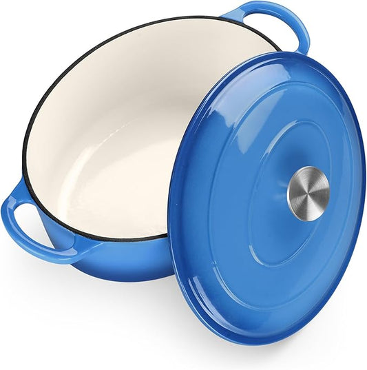 TeamFar Oval Dutch Oven, 5qt Enameled Cast Iron Dutch Oven Pot with Lid, For Bread Baking/Stewing/Braising/Frying, Suitable for Various Stoves, Dual Handles & Easy Cleanup, Blue