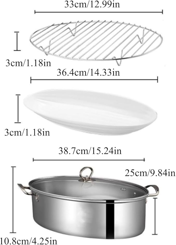 Stainless Steel Fish Steamer Set Large Steamer Pot for Steaming Fish, Boiling Soup Multi-Use Oval Cookware with Glass Lid, Rack, Pan, Chuck