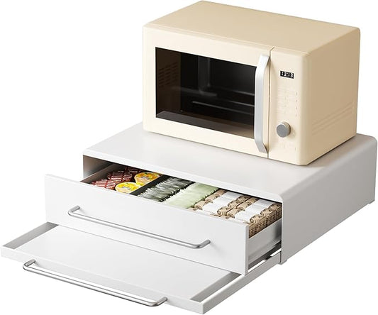 DTK Microwave Stand with Pull-Out Drawer & Tray, Kitchen Storage Drawers Countertop for Compact Microwave, Coffee Station & Kitchen Appliance, Microwave Riser with Storage, White(Stand+Drawer+Tray)