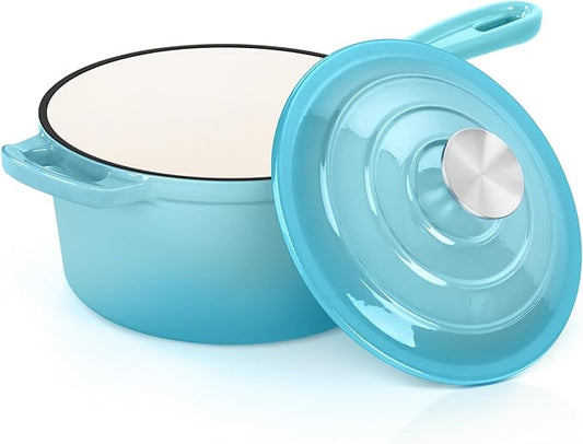 E-far Enameled Cast Iron Sauce Pan with Lid, 1 Quart Dutch Oven Saucepan, Mini Sauce Pot for Cooking, Boiling, Healthy & Non Toxic, Induction & Oven Safe, Light Blue