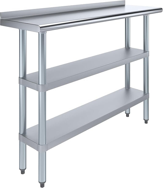 AmGood Stainless Steel Work Table with 1.5" Backsplash and 2 Shelves | Metal Kitchen Food Prep Table | NSF (48" Long x 14" Deep)