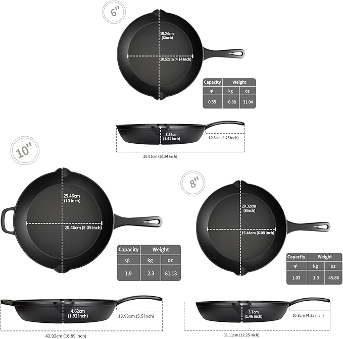 3-Piece Cast Iron Skillet Set (6” 8” 10”) – Pre-Seasoned Frying Pan Trio, Holiday Cooking Essentials, Versatile Oven Safe Cookware Set