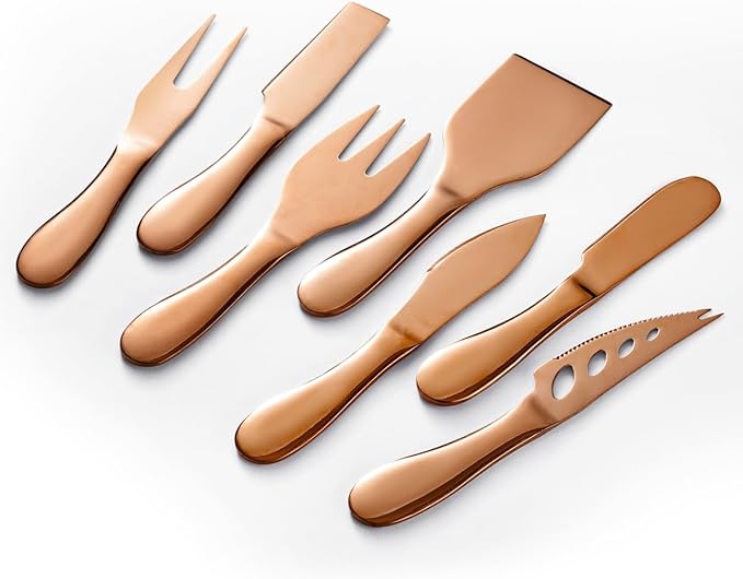 Copper Cheese Knives Set 7 Pieces Stainless Steel Kitchenware Utensils Gadgets 7 Pieces Cheese Knife,Cheese Spreader,Cheese Forks,Cheese Slicer,Cheese Cutter,Butter Knife