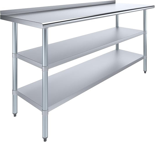 AmGood Stainless Steel Work Table with 1.5" Backsplash and 2 Shelves | Metal Kitchen Food Prep Table | NSF (72" Long x 24" Deep)