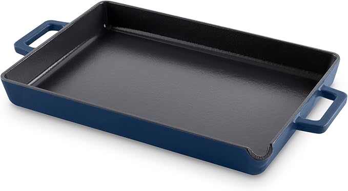 DASH Zakarian by Dash 9"x13" Nonstick Cast Iron Pan with Pour Spout and Removable Silicone Grips for Searing, Baking, Broiling, Grilling and more - Blue