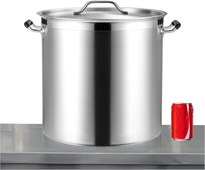 CURTA 50 Quart Large Stock Pot with Lid - Bottom Width 15.7 Inches - NSF Listed 3-Ply Clad Base 18/8 Stainless Steel Commercial Induction Ready Cookware