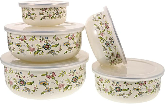 Cabilock 5pcs Enamel Bowls with Lids Mixing Bowls- Vintage Soup Bowl Storage Bowls Set Floral Design for Fruit Salad Pasta Dinner Kitchen