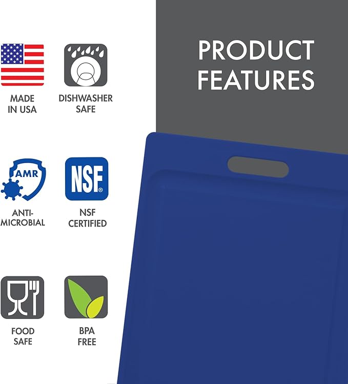 Dexas NSF Certified Polysafe Cutting Board with Handle and Juice Well, 12 x 18 inches, Reversible Kitchen Cutting Board, Blue