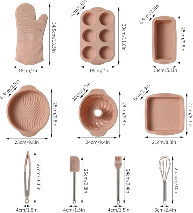10in1 Nonstick Silicone Baking Cake Pan Cookie Sheet Molds Tray Set for Oven, BPA Free Heat Resistant Bakeware Suppliers Tools Kit for Muffin Loaf Bread Pizza Cheesecake Cupcake Pie Utensil (Pink)