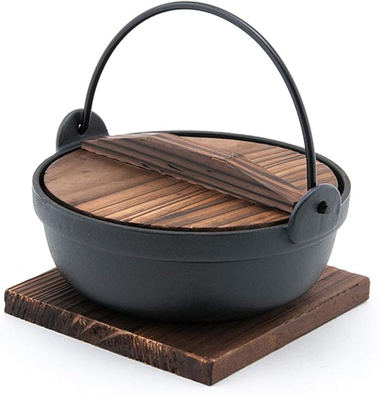 Happy Sales HSSN-PHP675, Japanese Design Cast Iron Nabe Sukiyaki Nabemono Personal Size Hot Pot With Wooden Lid, 28 fl.oz.