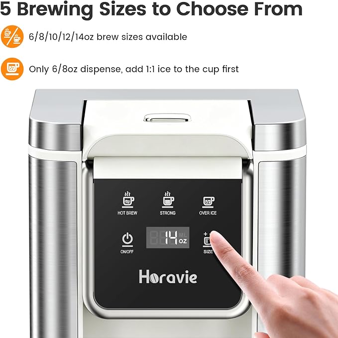 Single Serve Coffee Maker for K-Cup Pod and Grounds, Hot and Iced Coffee Maker, Strong Button Feature, 6 to 14oz Brew Sizes, 50oz Removable Reservoir, Fit 6.5" Mugs, Stainless Steel, White