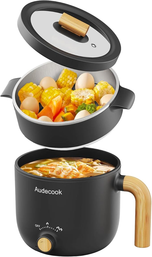 Audecook Hot Pot Electric with Steamer, 1.5L Portable Nonstick Rapid Noodles Cooker, Travel Electric Skillet with Dual Power Control for Pasta/Soup/Steak/Egg/Oatmeal(Black)