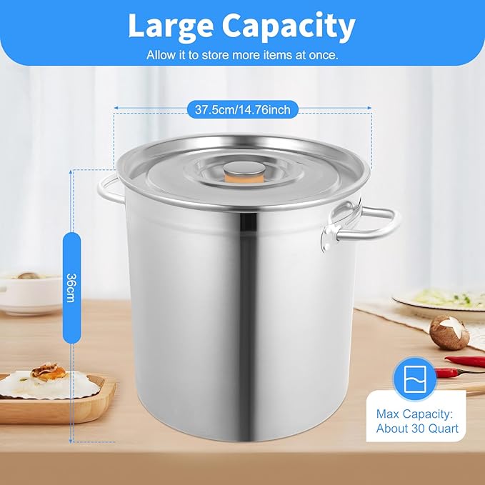 Stainless Steel Cookware Stockpot, 30Qt Heavy-Duty Cooking Pot, Large Stock Pot with Lid & Handles for Frying, Brewing, Seafood Boil & Soup, Even Heat Distribution, Easy-Clean