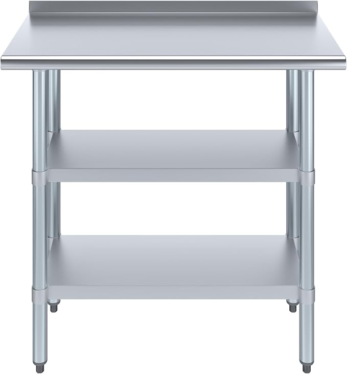 AmGood Stainless Steel Work Table with 1.5" Backsplash and 2 Shelves | Metal Kitchen Food Prep Table | NSF (36" Long x 18" Deep)