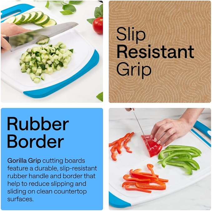 GORILLA GRIP BPA-Free Reversible Kitchen Cutting Board Set of 3, US Designed, Nonporous, Juice Grooves Catch Liquid, Slip Resistant Border, Dishwasher Safe, Durable Large Food Chopping Boards, Aqua