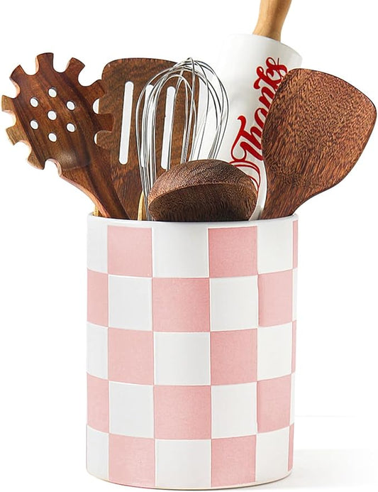 Utensil Holder，7.2 Inch Checkered Utensil Holder, Ceramic Cooking Utensil Spoon/Spatula Holder for Countertop, Kitchen Decor and Accessories for counte(Purple)