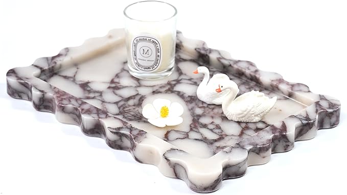 Scalloped Vanity Marble Tray - Large Home Decorative Stone Perfume Candle Plates for Bathroom Accessories Coffee Table Bar, Luxury Antique Key Dish for Kitchen Countertop (10.6" x 7.4" x 0.8")