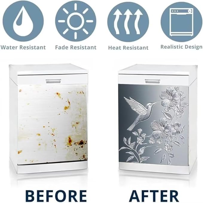 Dishwasher Magnet Cover, Stainless Steel Hummingbird and Flowers Pattern Refrigerator Magnetic Vinyl Sticker for Dishwasher Door, Decorative Kitchen Appliance Panel Decal, 23Wx26H Inches