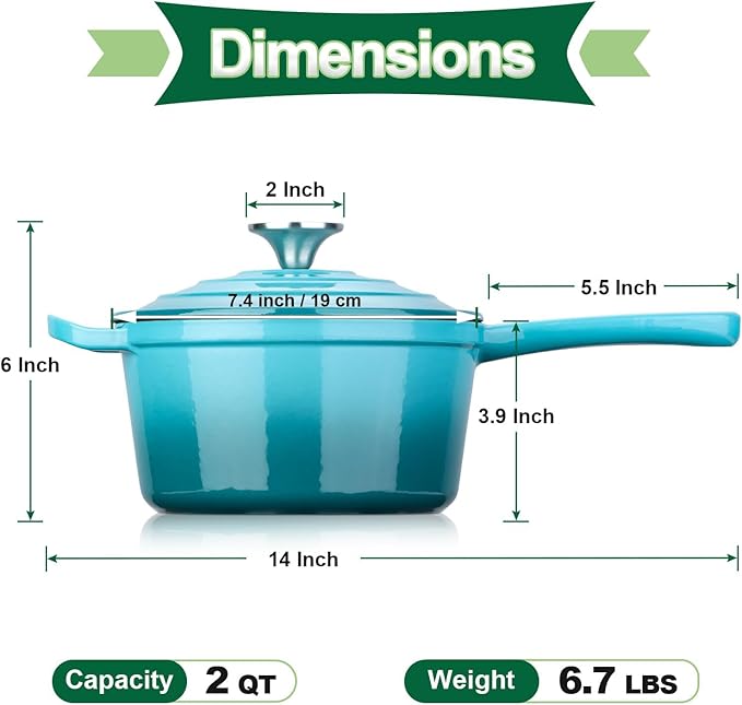 HaSteeL 2 QT Cast Iron Saucepan, Mini Enamel dutch oven with lid, Small Non Stick Pan for Milk, Pasta Tomato Sauce, Butter, Breakfast, Soup, Suitable for Boiling Stewing Frying, Easy to Clean, Green