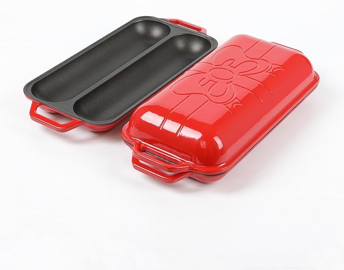 HAWOK Enameled Cast lron Baguette Bread Baker, 3-in-1 Baking Set with Full Baguette Tray, 5-Slot Mini Roll Tray & Reversible Lid Pan, 15 x 6.7 inch, Red