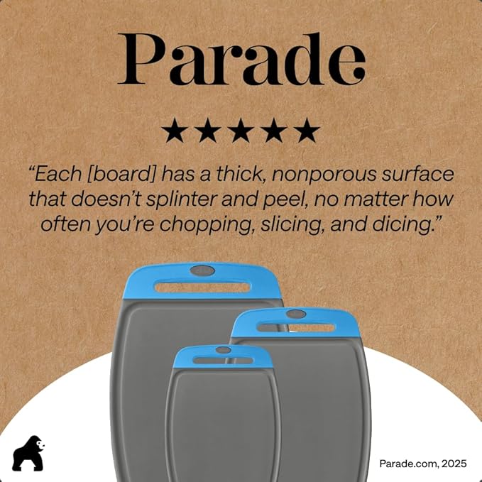 GORILLA GRIP BPA-Free Reversible Kitchen Cutting Board Set of 3, US Designed, Nonporous, Juice Grooves Catch Liquid, Slip Resistant Border, Dishwasher Safe, Durable Food Chopping Boards, Gray Aqua