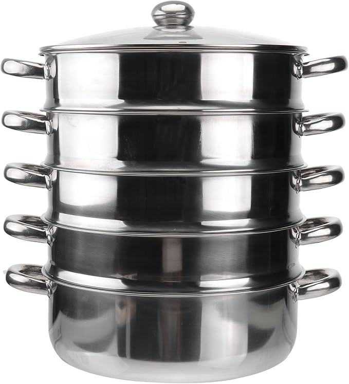 Hemoton Stainless Steel Steamer Pot 14.7 Inch 5-Tier Steaming Pot with Lid Multi-Layer Stockpot for Cooking Vegetables Dumplings Soup and More Dishwasher Safe