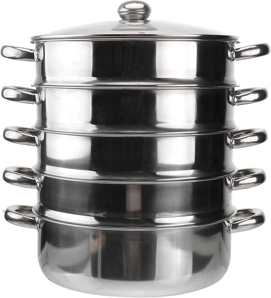 Hemoton Stainless Steel Steamer Pot 14.7 Inch 5-Tier Steaming Pot with Lid Multi-Layer Stockpot for Cooking Vegetables Dumplings Soup and More Dishwasher Safe
