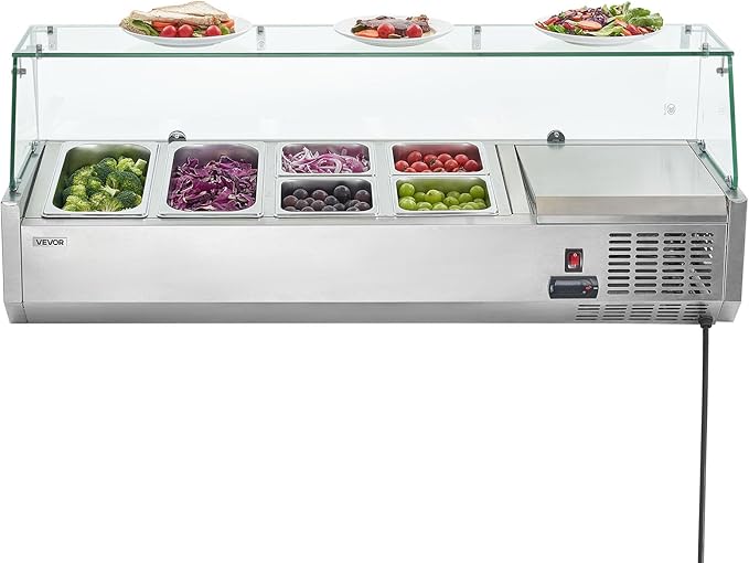 VEVOR Refrigerated Condiment Prep Station, 130 W Countertop Refrigerated Condiment Station, with Two 1/3 Pans & Four 1/6 Pans, 304 Stainless Body and PC Lid, Sandwich Prep Table with Glass Guard