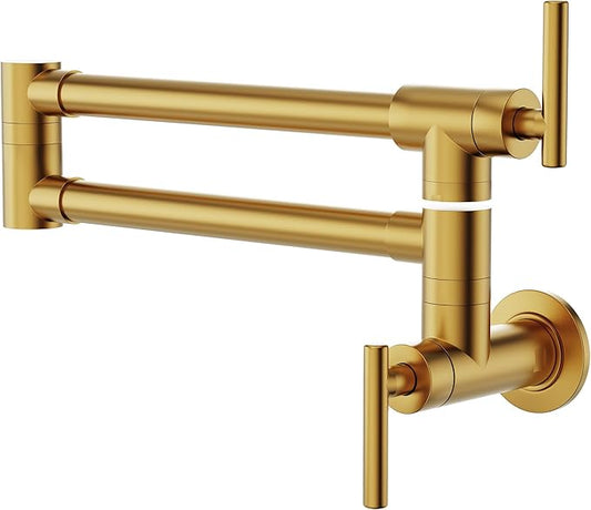 GIMILI Pot Filler Gold Commercial Wall Mount Faucet Folding Double Joint Swing Arm Pot Filler Rotatable Wall Faucet