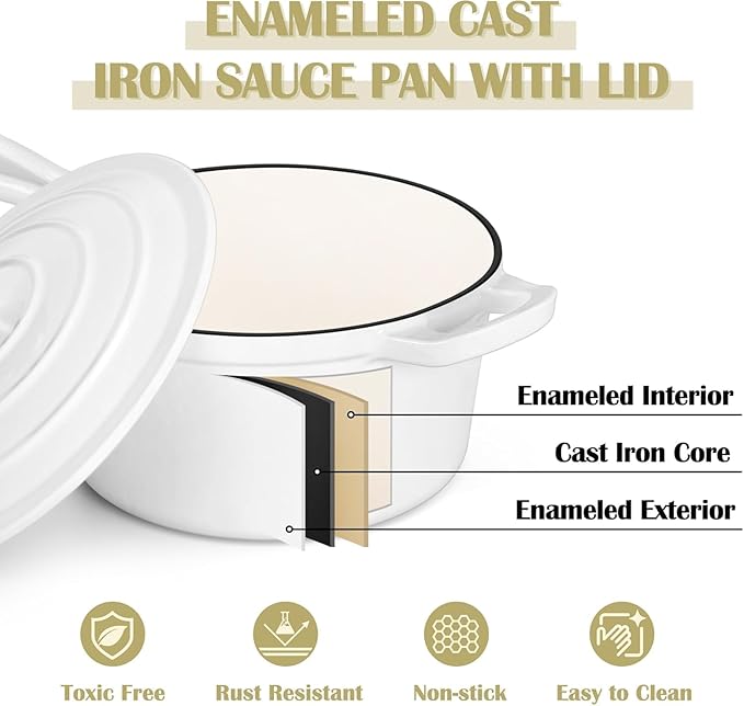 E-far Enameled Cast Iron Sauce Pan, 3 Quart Dutch Oven Saucepan with Lid, Small Sauce Pot for Cooking, Boiling, Healthy & Non Toxic, Induction & Oven Safe, White