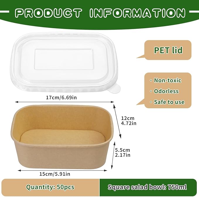 50 Pack 25 oz Paper Bowls, Disposable Food Containers with Lids, Rectangular Disposable Bowls, Disposable Salad Bowls with Lids for Diet Salad, Ice Cream, Yogurt, Party Food