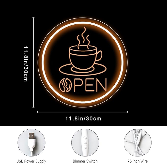 Coffee Open Neon Sign Business Open Lights for Cafe Shop Home Bar Wall Decor Novelty Light Up Sign Gift for Coffee Lovers Cafe Corner Decor