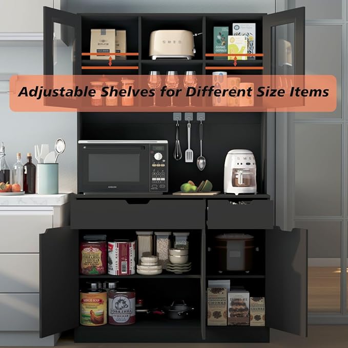 71" Tall Kitchen Pantry Storage Cabinet Large Farmhouse Hutch Cabinet with Microwave Stand, Charging Station, Adjustable Shelves, Countertop for Dining Room, Living Room, Black